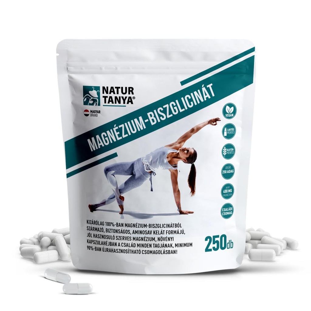 Natur Tanya® Magnézium-biszglicinát Nagy Kiszerelés, Újrahasznosítható Csomagolás, Növényi Kapszulahéj, Vegán, Laktózmentes És Gluténmentes Igazolás 250 Db