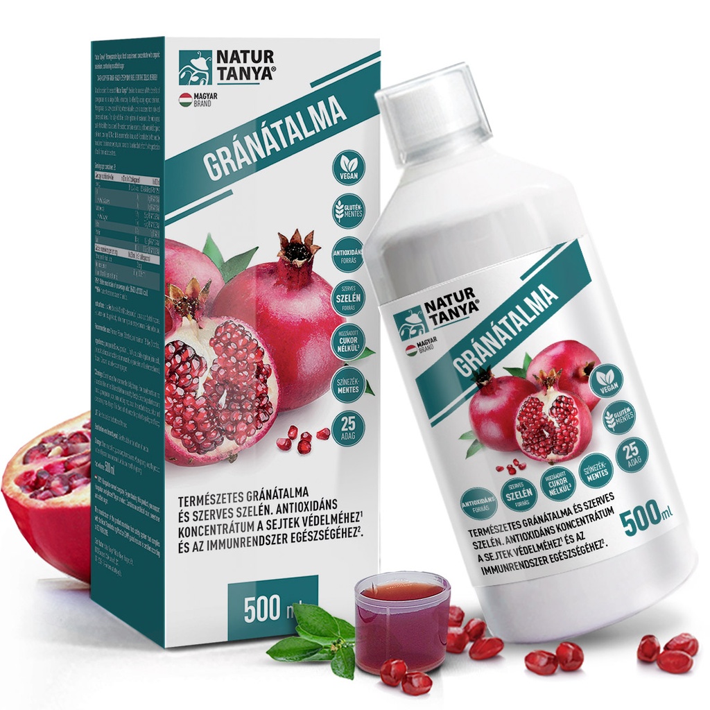 [Tany-10024] Natur Tanya® Gránátalma Étrend-kiegészítő Folyadék Koncentrátum, Szerves Szelénnel, Hozzáadott Cukor Nélkül, 500 Ml